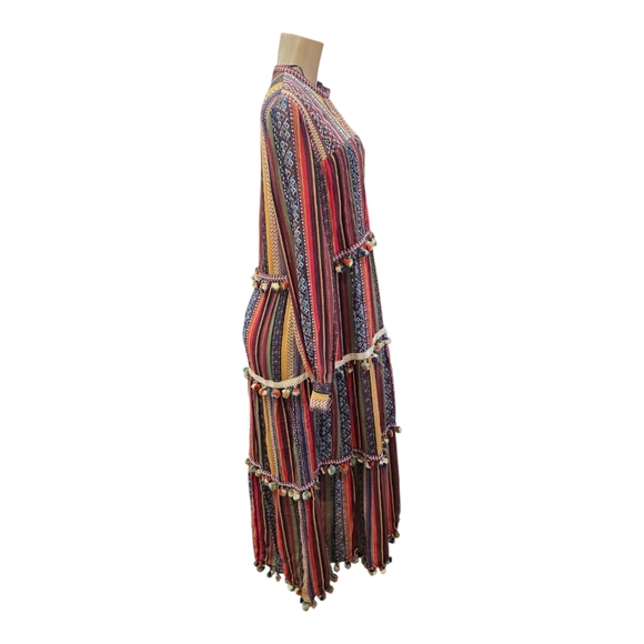 ZARA blogger Fab long rainbow stripe Pom Pom boho tiered maxi dress XS - Picture 5 of 15